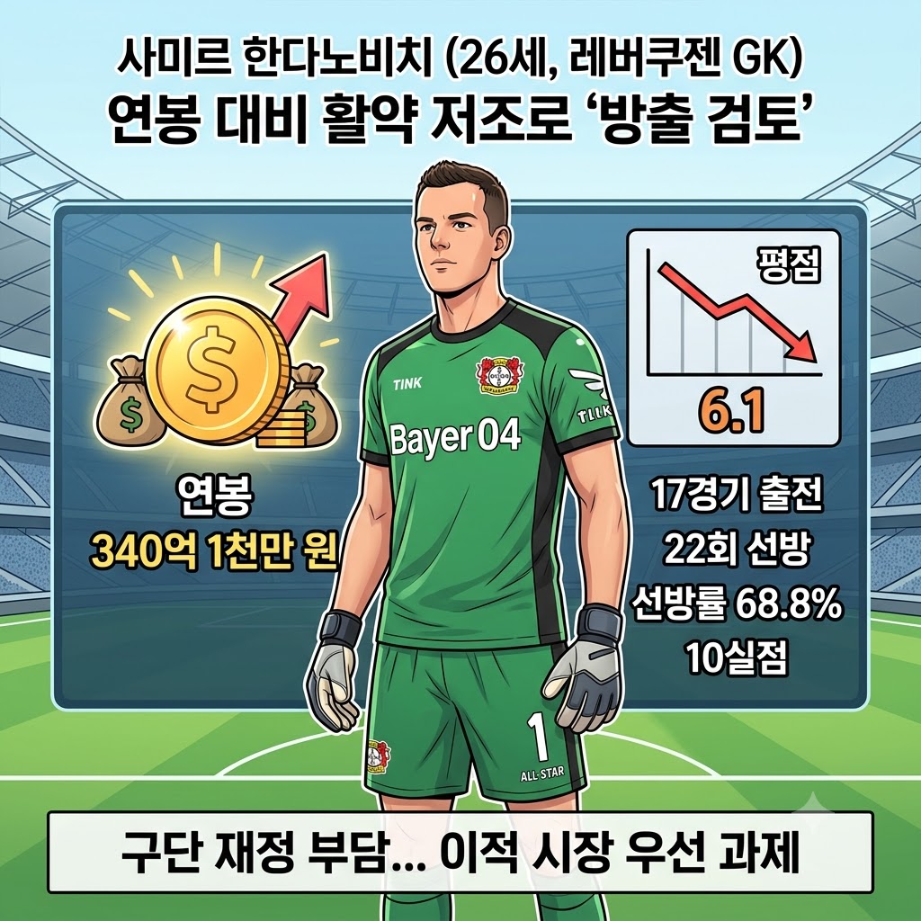 한다노비치, 340억 받고 평점 6.1…레버쿠젠 [손절]