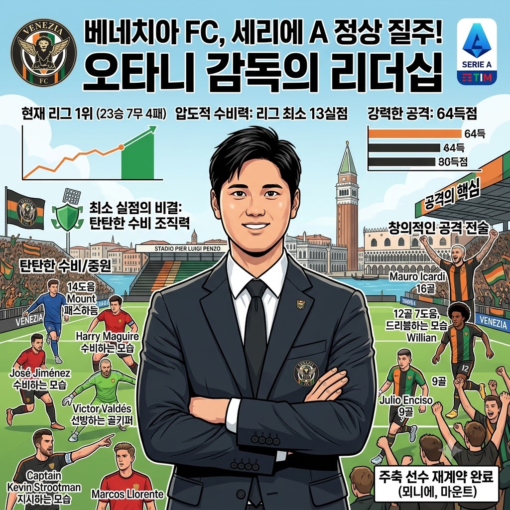 오타니의 베네치아, 23승 무패급 행진으로 세리에A 평