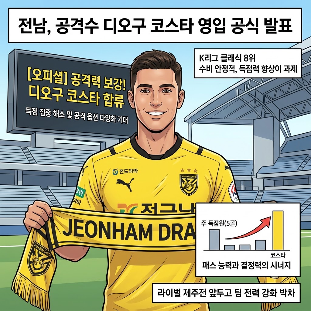 전남, 득점력 해결사 디오구 코스타 영입 발표