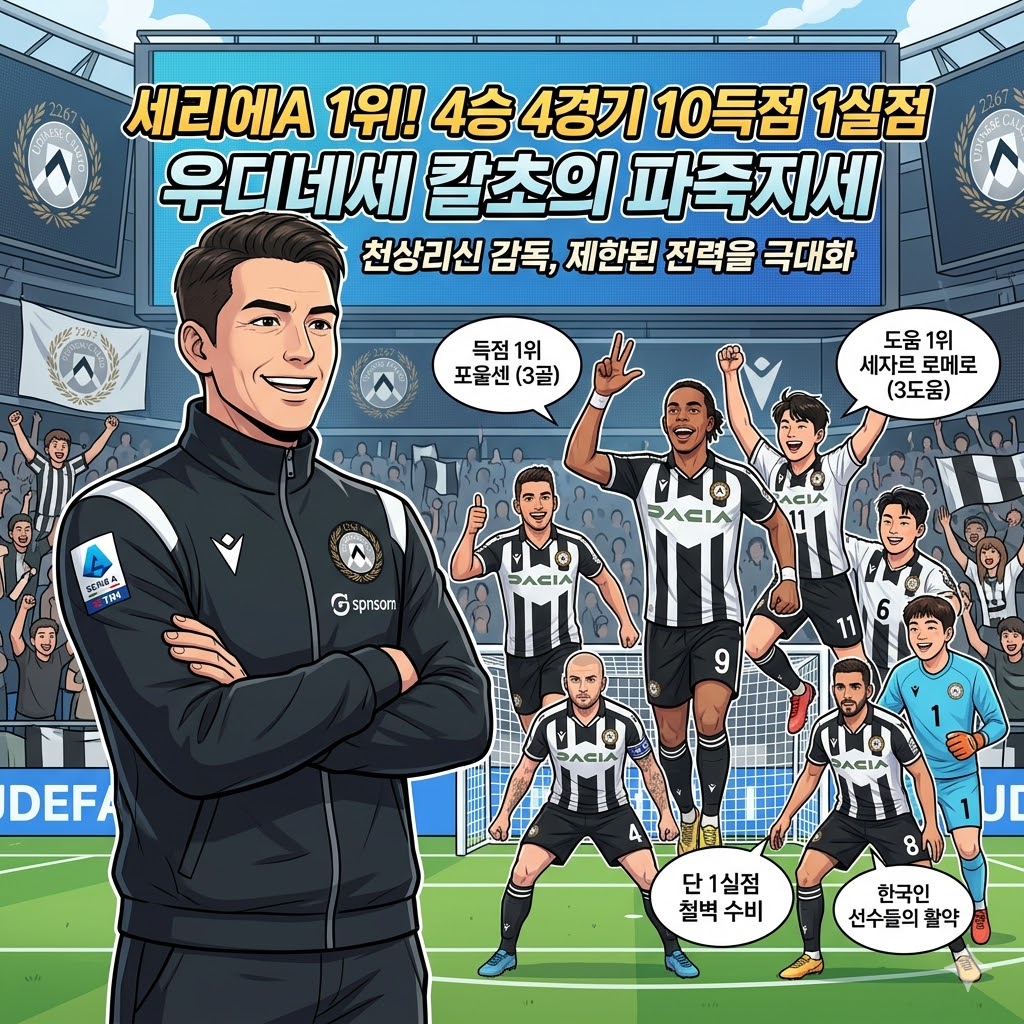천상리신의 우디네세, 4연승 질주로 세리에A 정상 점